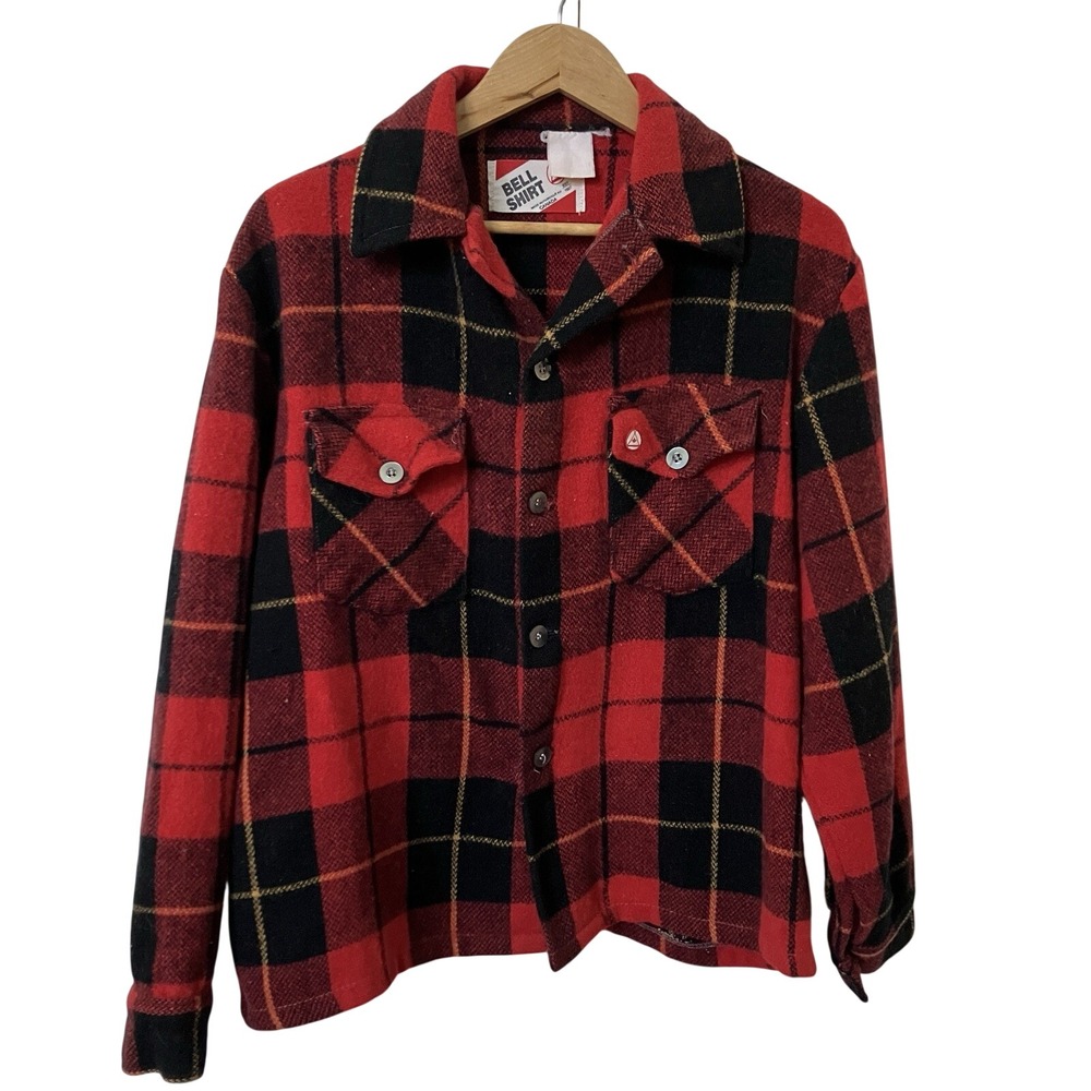 Vintage Bell Shirt Red Black Plaid Wool Flannel Button Down Canada Mens L XL